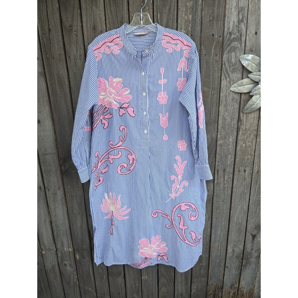 Tory Burch Embroidered Tunic Dress Blue White Stripe Pink Floral Applique Sz S/P